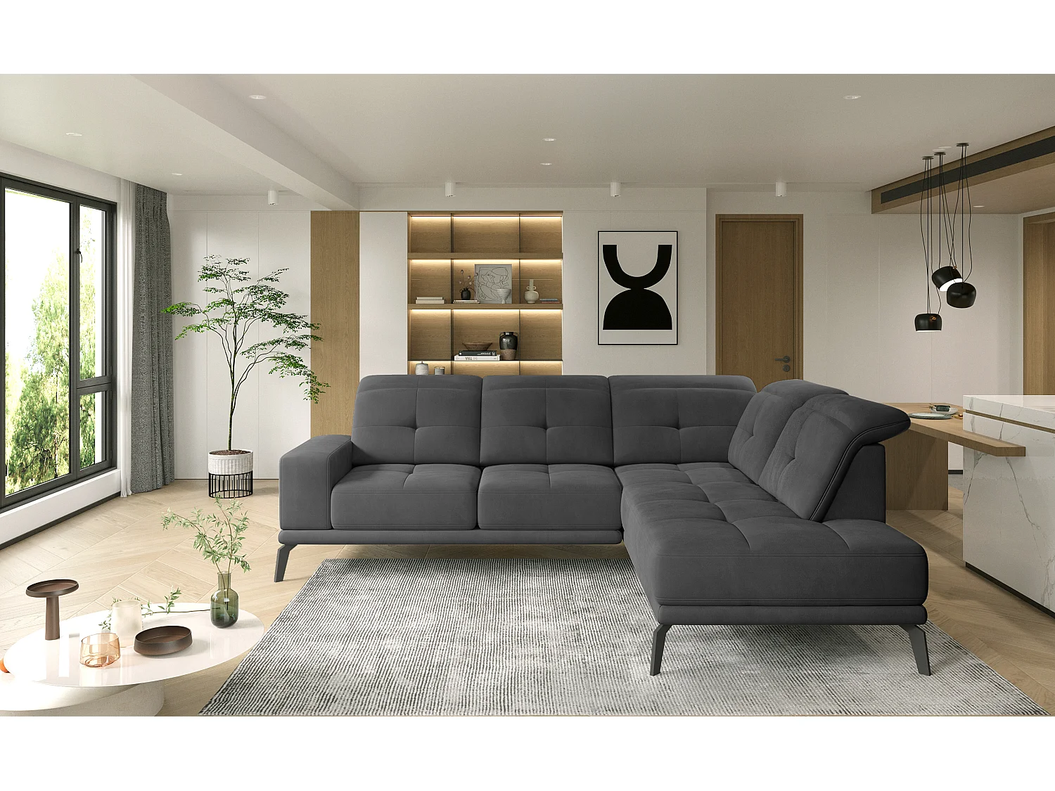 Canapé d'angle droit design matelassé tissu doux noir et pied noir Kazane 275cm