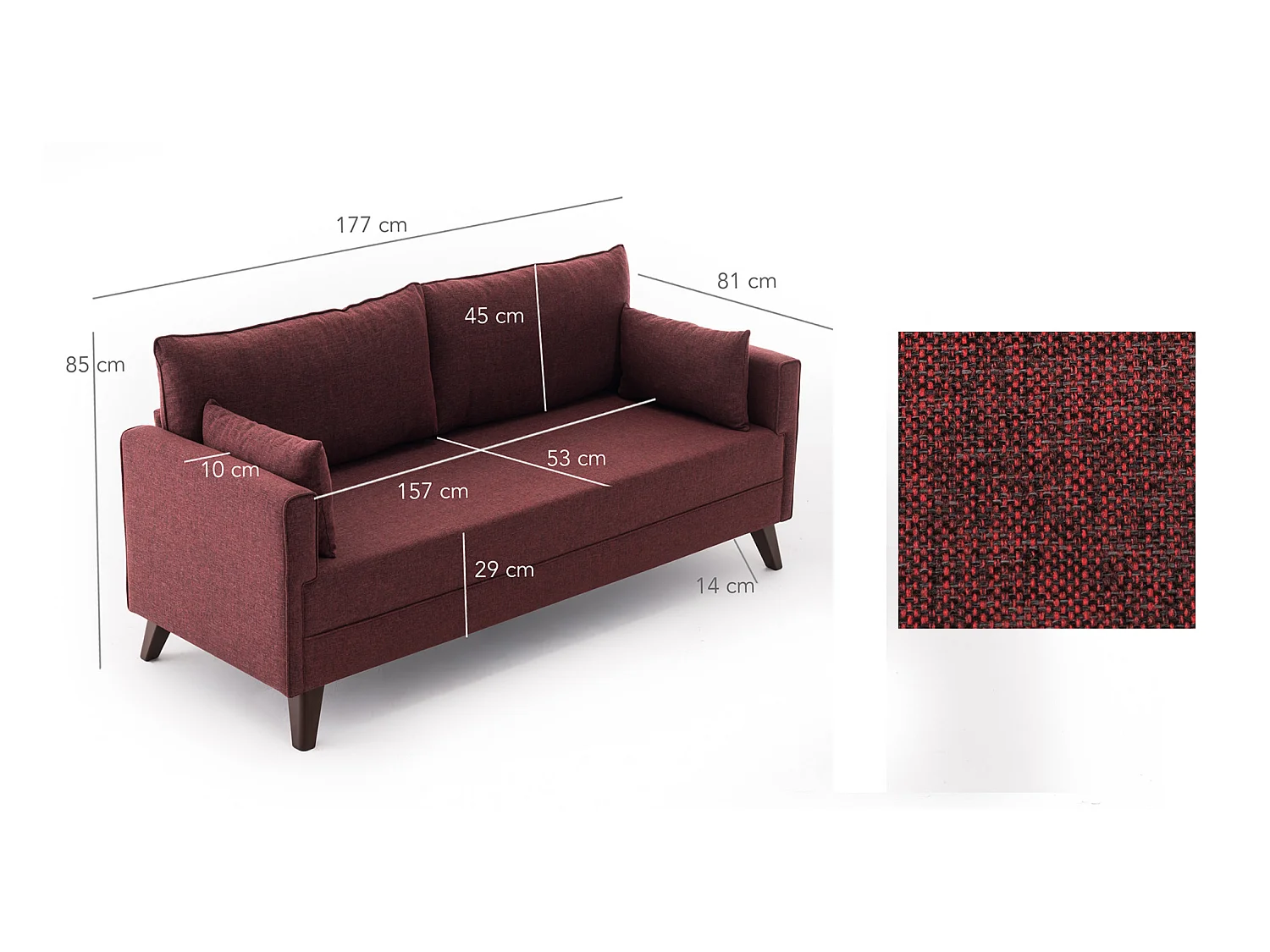 Petite canapé 2 places tissu bordeaux Kandy 177cm