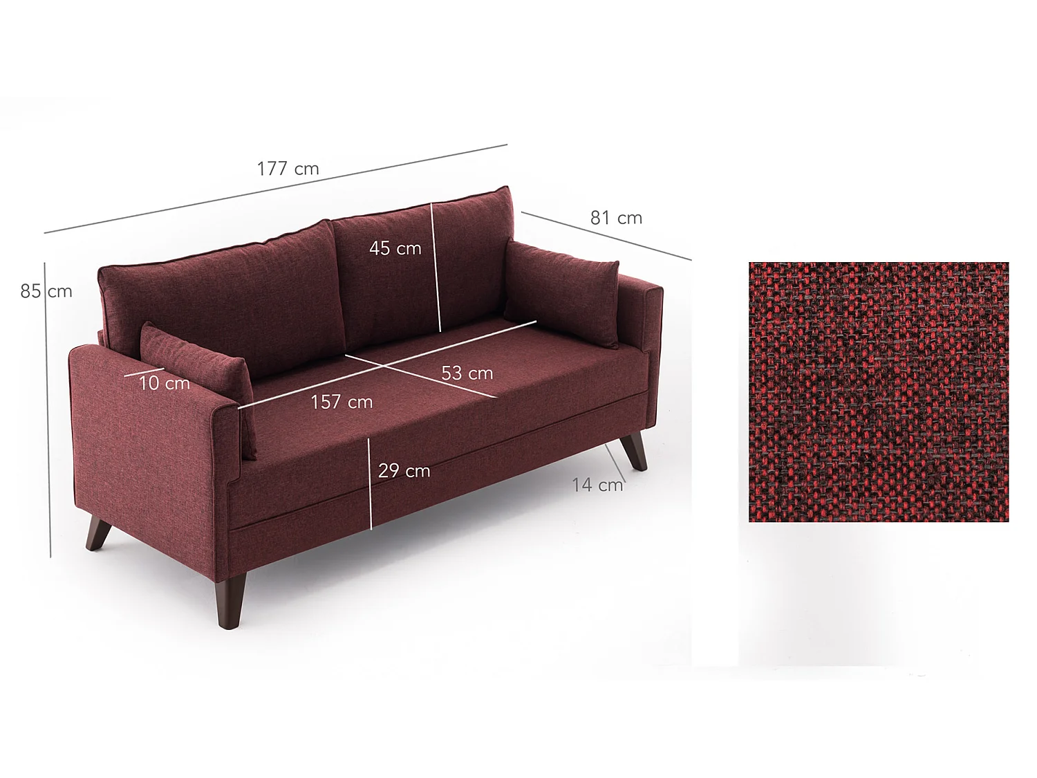 Petite canapé 2 places tissu bordeaux Kandy 177cm