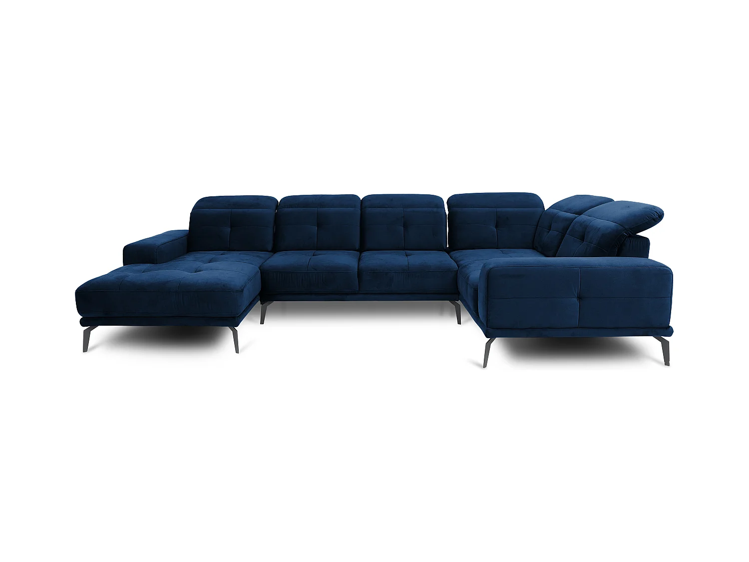 Canapé panoramique design velours bleu nuit têtières angle droit avec accoudoir Stan 350cm