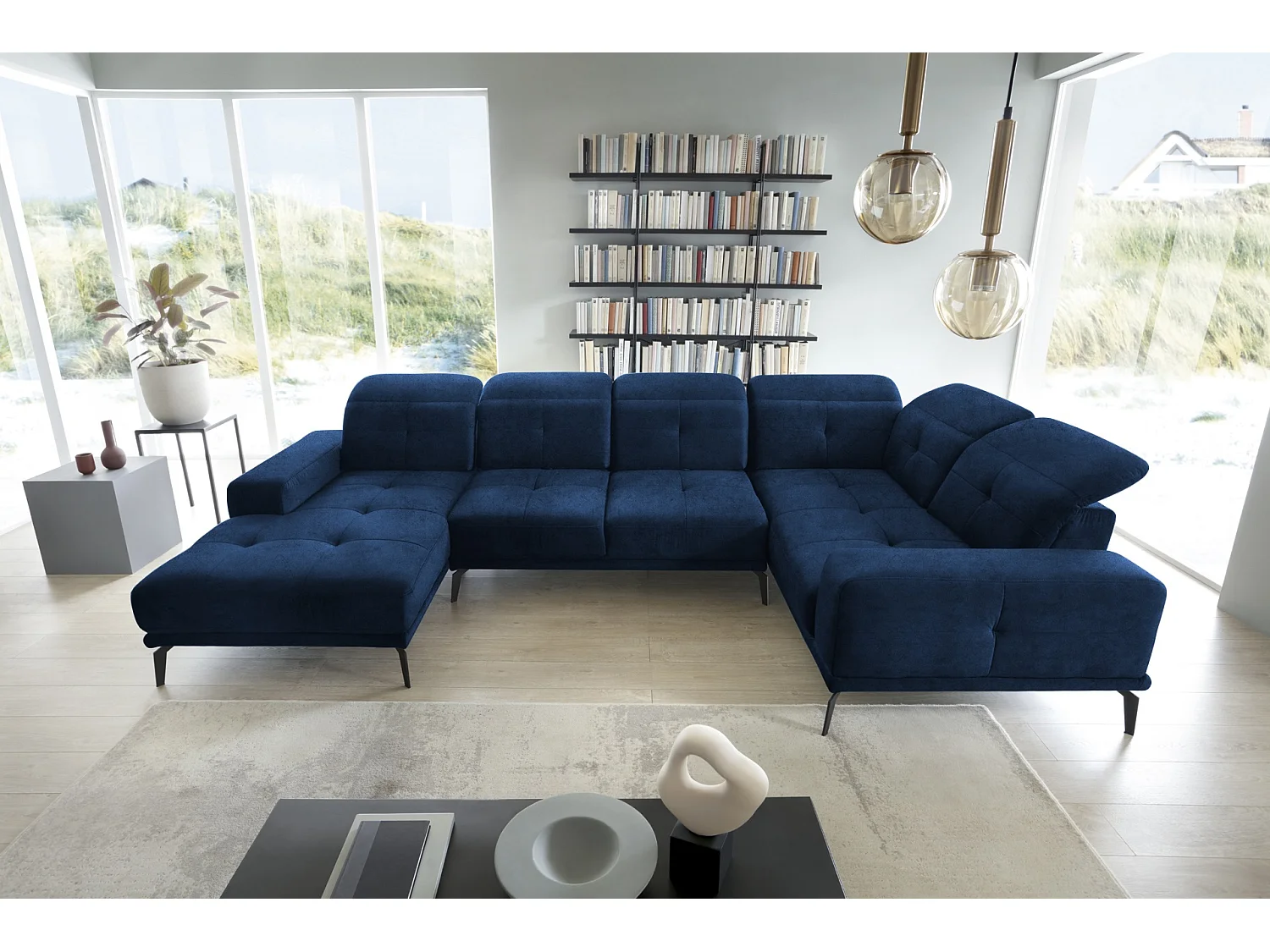 Canapé panoramique design velours bleu nuit têtières angle droit avec accoudoir Stan 350cm
