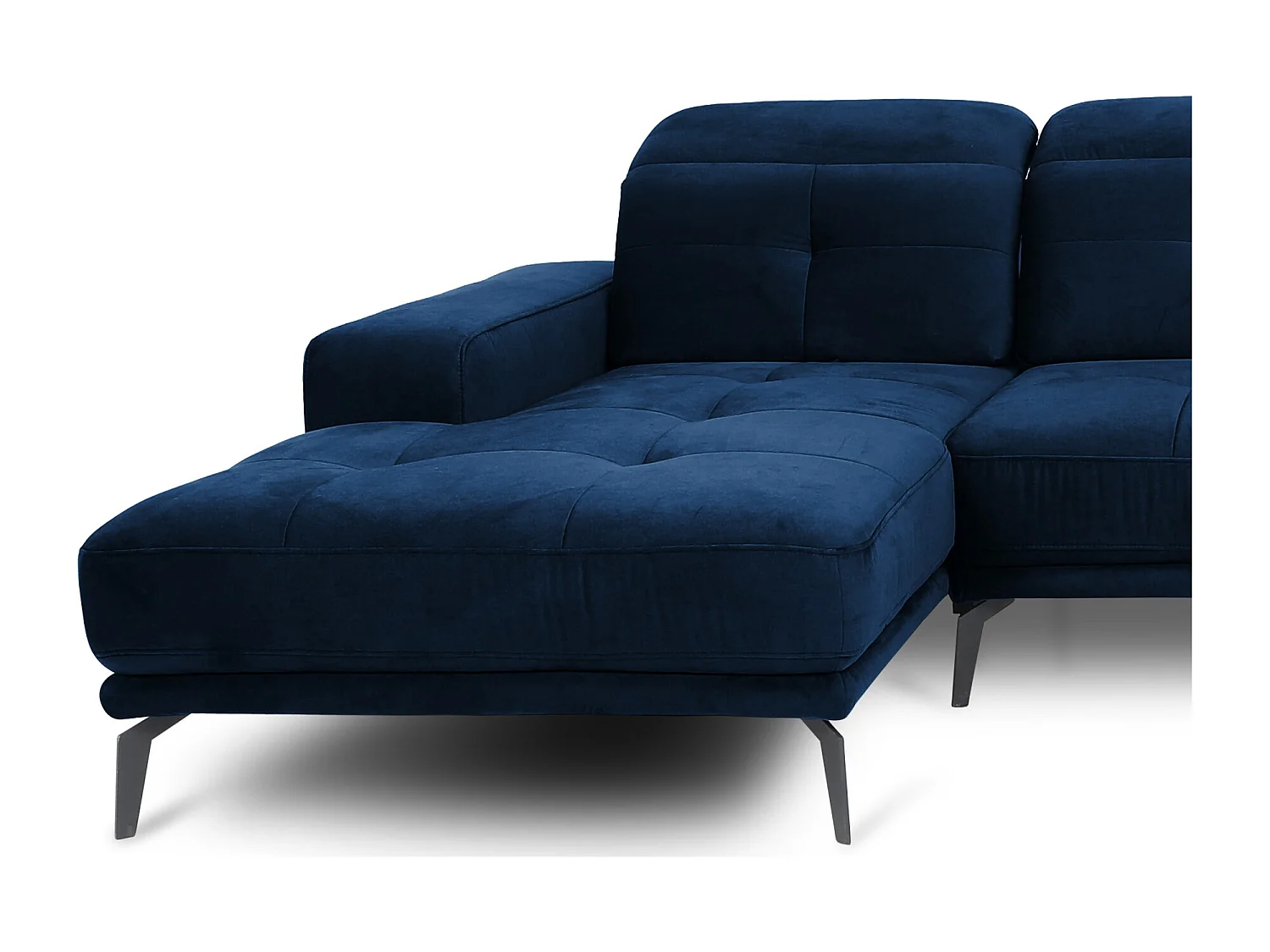 Canapé panoramique design velours bleu nuit têtières angle droit avec accoudoir Stan 350cm