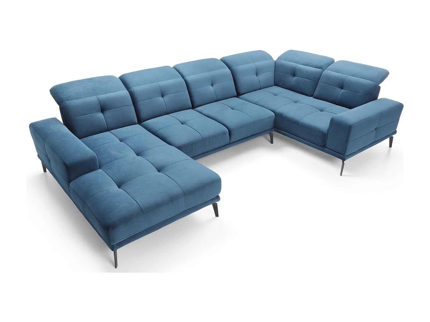 Canapé panoramique design velours bleu nuit têtières angle droit avec accoudoir Stan 350cm