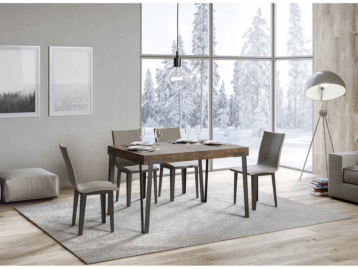 Designer uitschuifbare eettafel met antraciet metalen poten Konta-Kleur Bruin-Uitschuifbare breedte