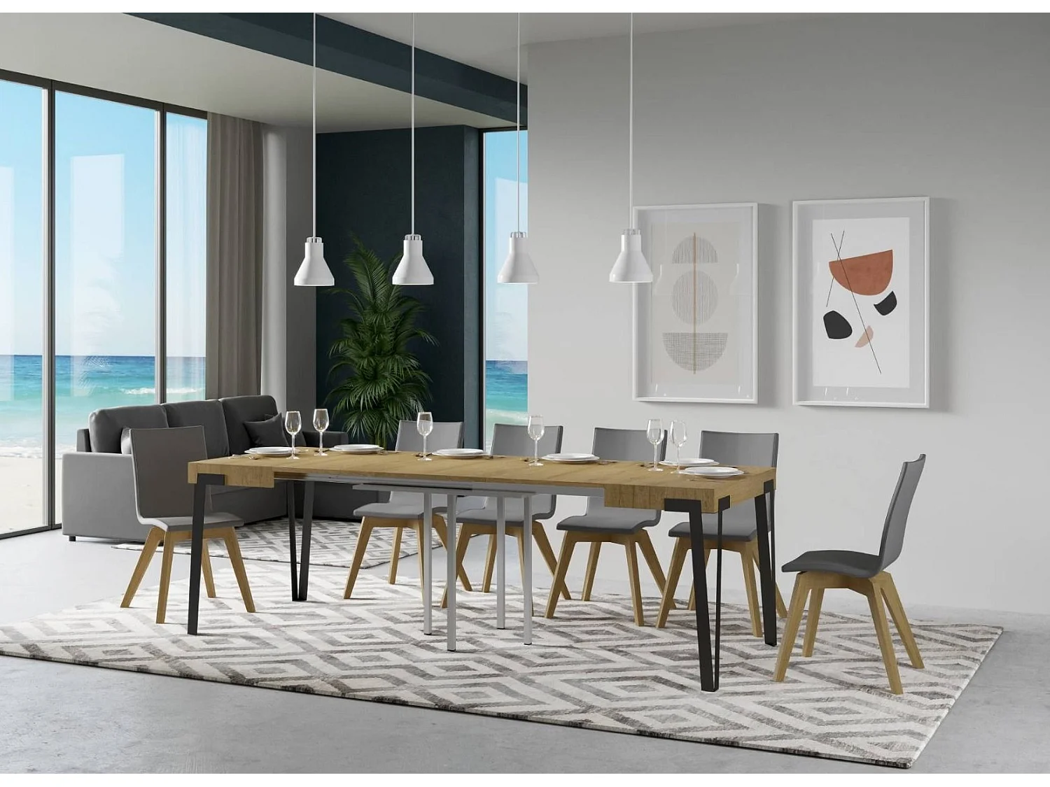 Kleine vierkante uitschuifbare tafel 90x90/246 cm Konta-Kleur Natuurlijk