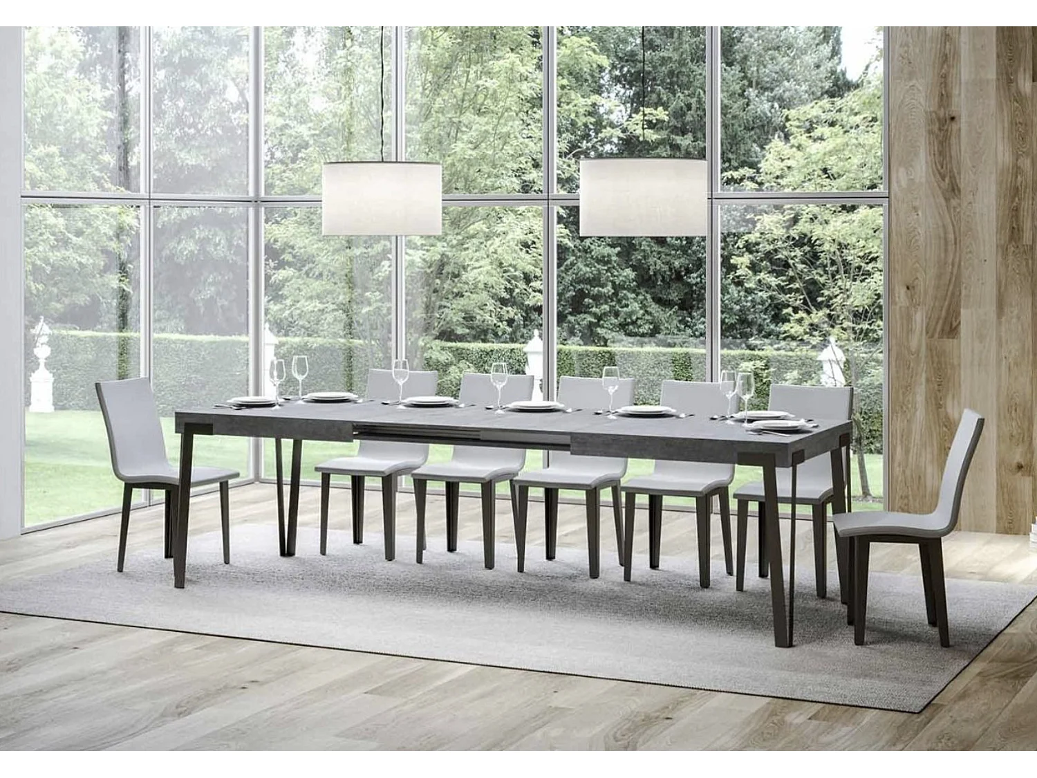 Designer uitschuifbare eettafel met antraciet metalen poten Konta-Kleur Cementgrijs-Uitschuifbare breedte