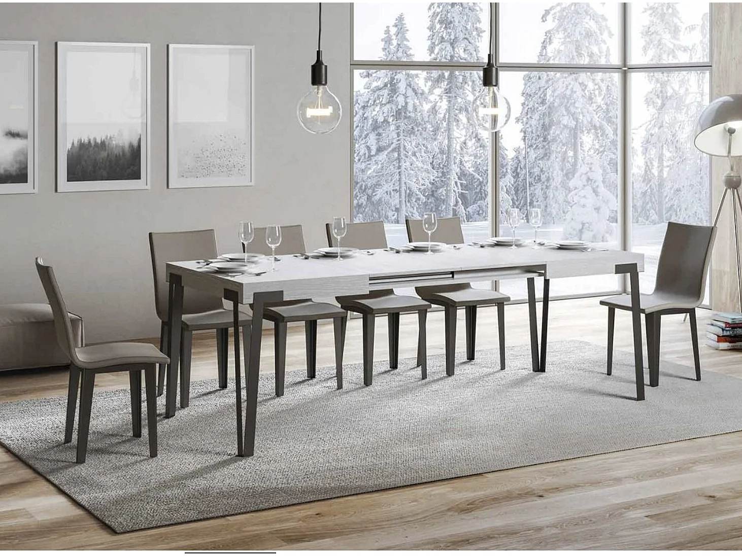 Table à manger extensible design avec pieds en métal anthracite Konta-Couleur Blanc-130 à 234cm