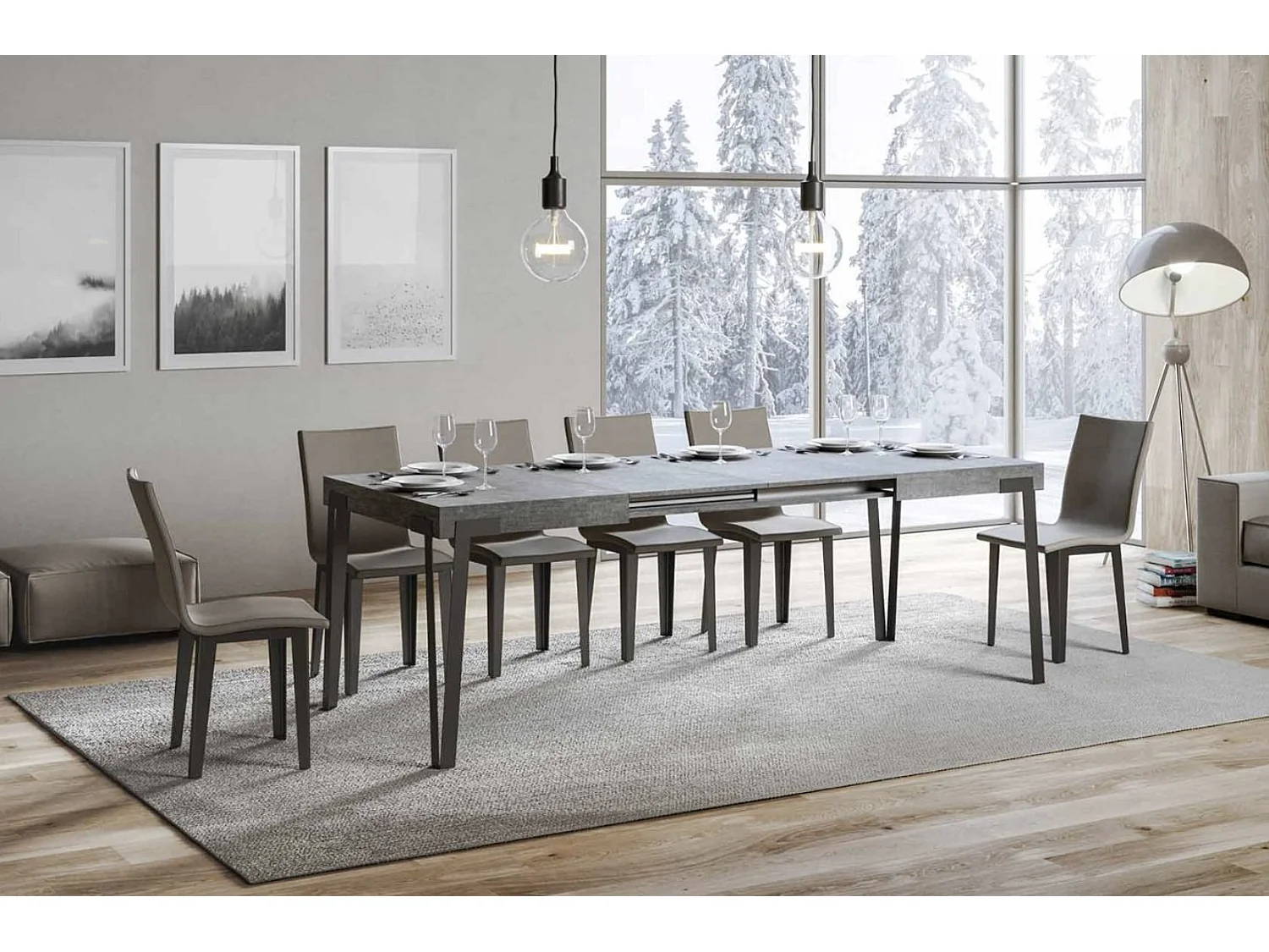 Table à manger extensible design avec pieds en métal anthracite Konta-Couleur Gris ciment-130 à 234cm