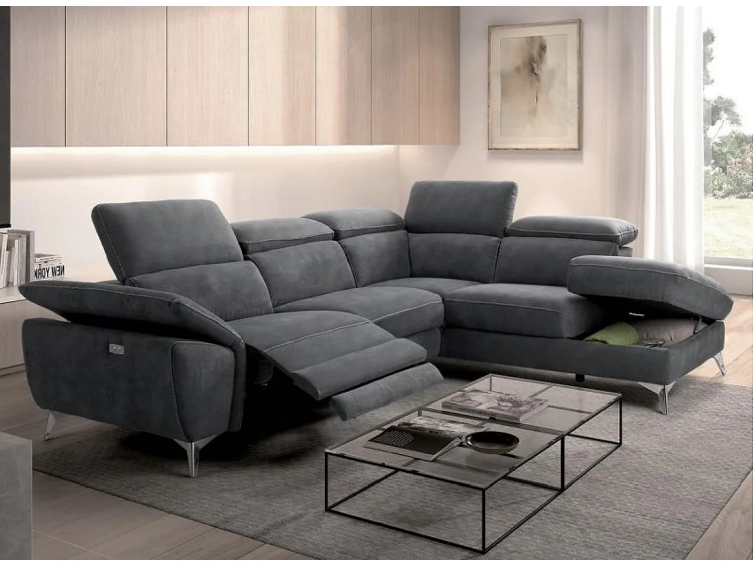 Canapé d'angle de relaxation électrique microfibre Skina-Couleur Gris foncé-angle droit