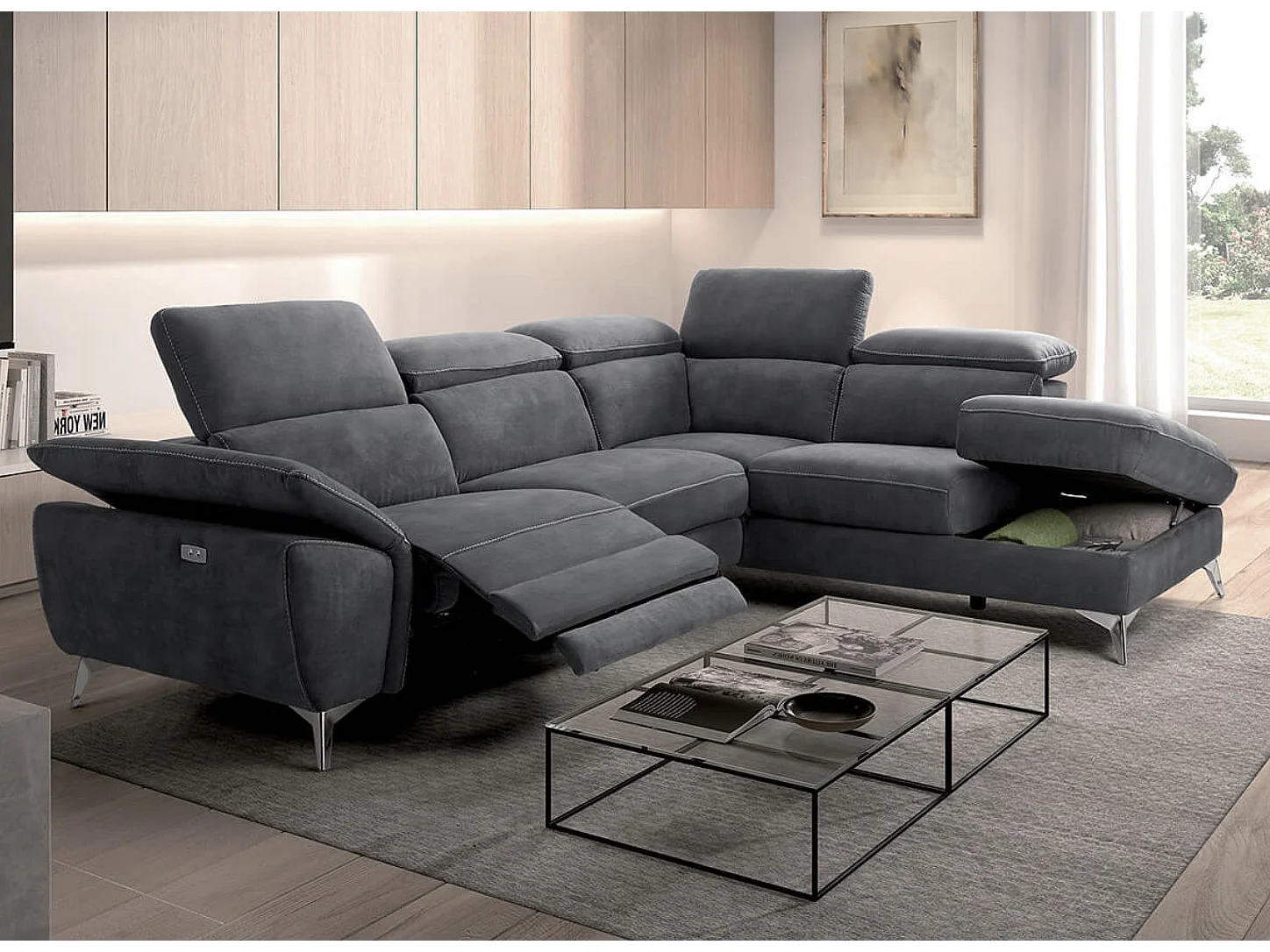 Canapé d'angle de relaxation électrique microfibre Skina-Couleur Gris foncé-angle droit