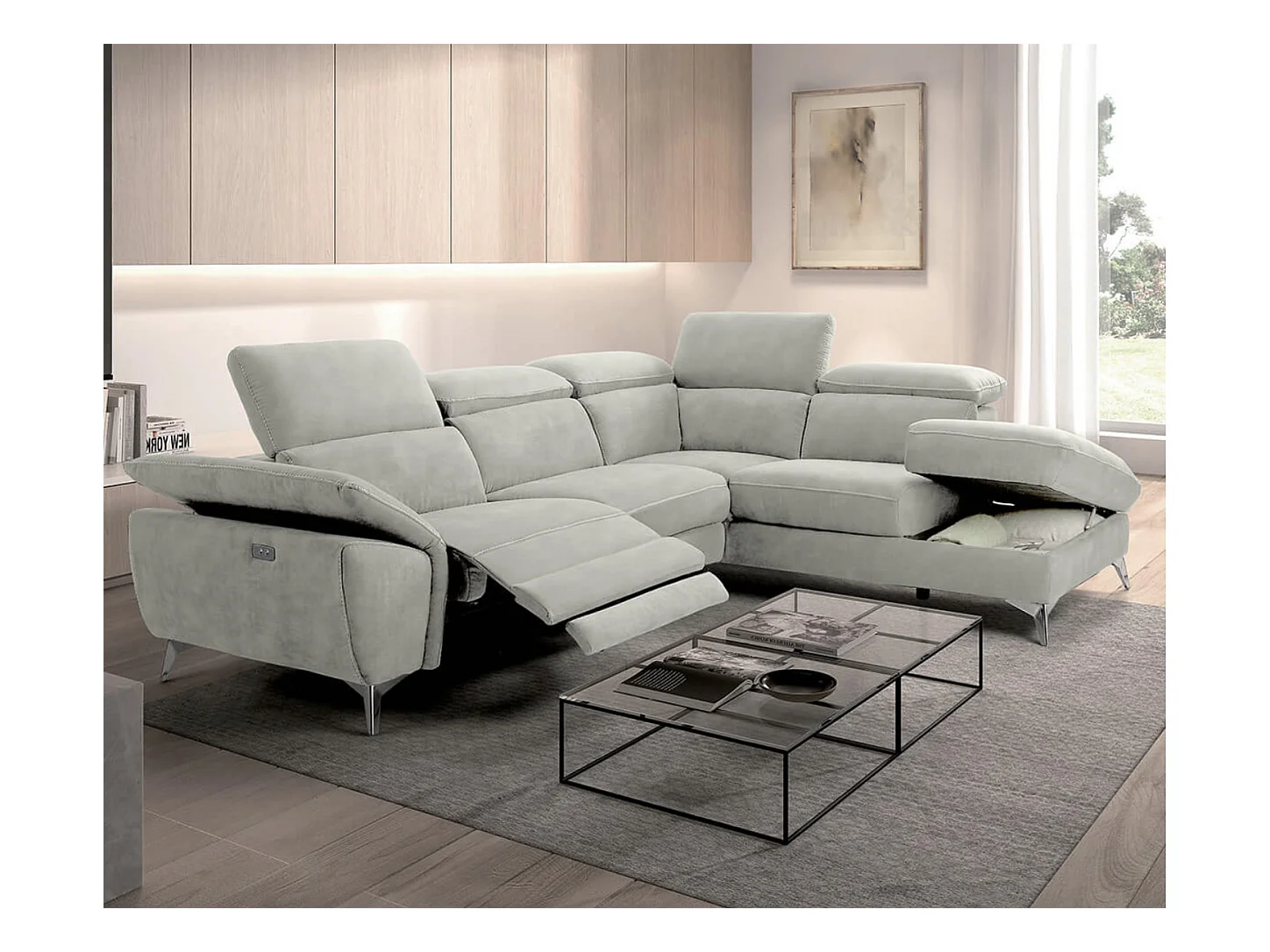 Canapé d'angle de relaxation électrique microfibre Skina-Couleur Gris clair-angle droit