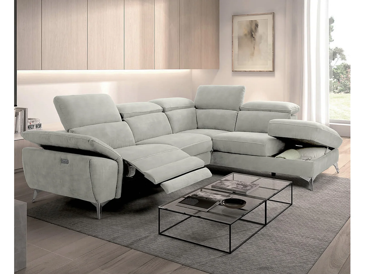 Canapé d'angle de relaxation électrique microfibre Skina-Couleur Gris clair-angle droit