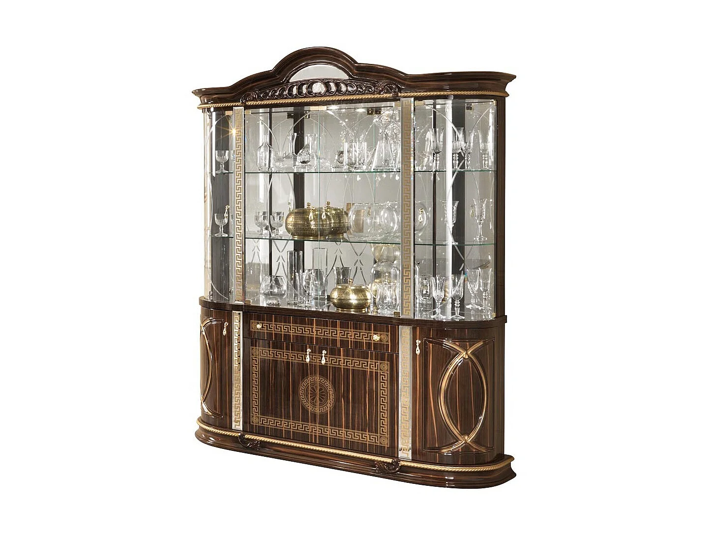 Vitrine 8 portes 1 tiroir bois vernis laqué brillant marron et doré Venus 163cm