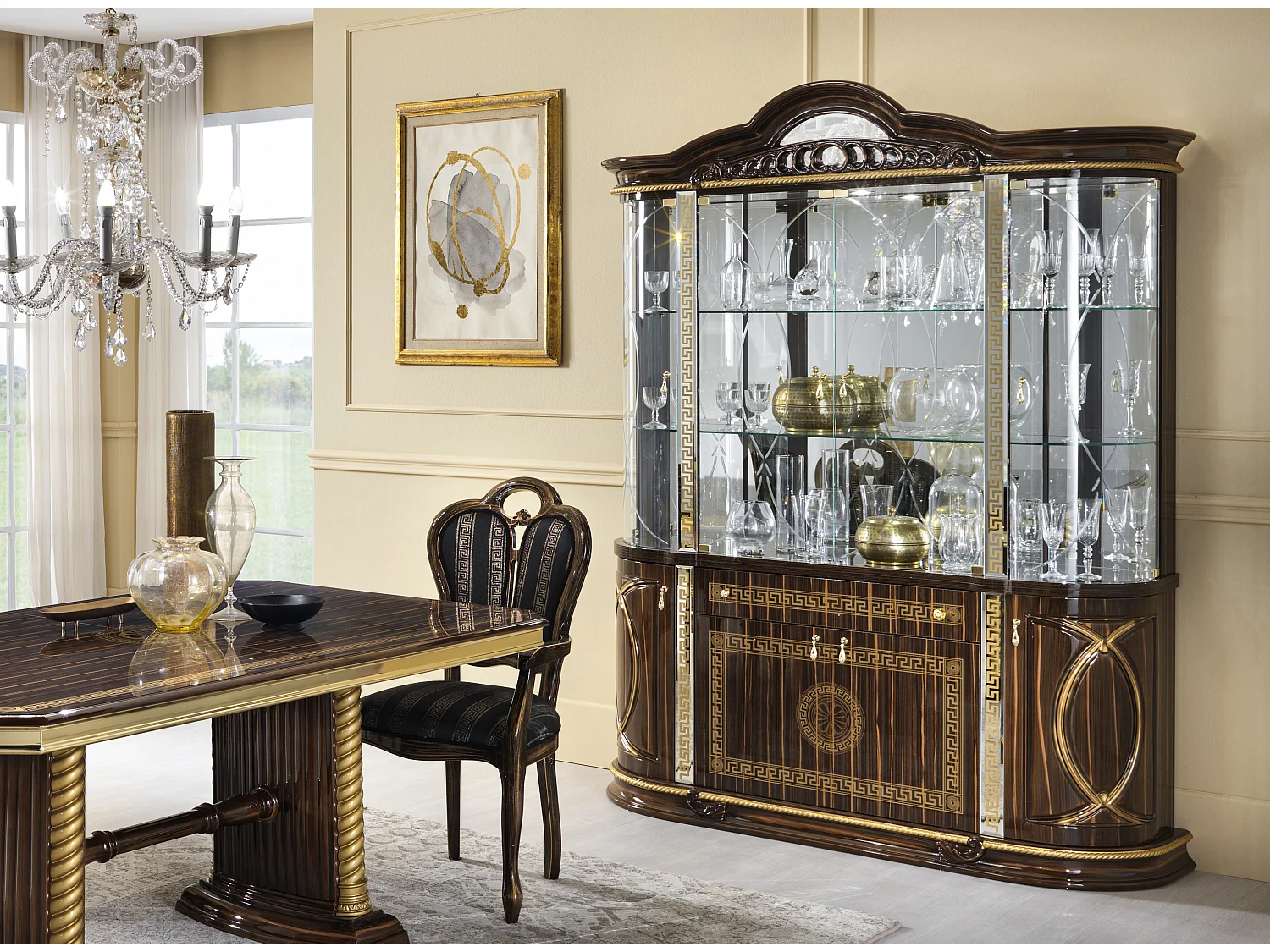 Vitrine 8 portes 1 tiroir bois vernis laqué brillant marron et doré Venus 163cm