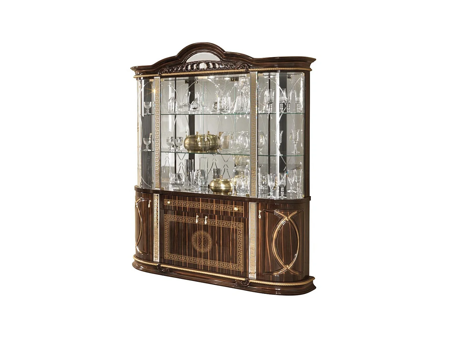 Vitrine 8 portes 1 tiroir bois vernis laqué brillant marron et doré Venus 163cm