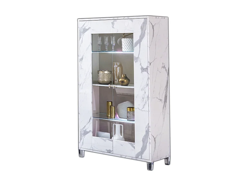 Vitrine 2 portes à Led bois blanc effet marbre vernis et verre trempé Botela 100cm