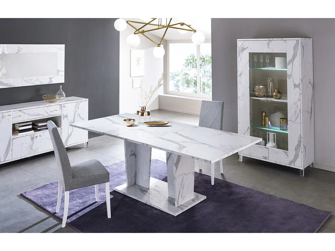 Vitrine 2 portes à Led bois blanc effet marbre vernis et verre trempé Botela 100cm