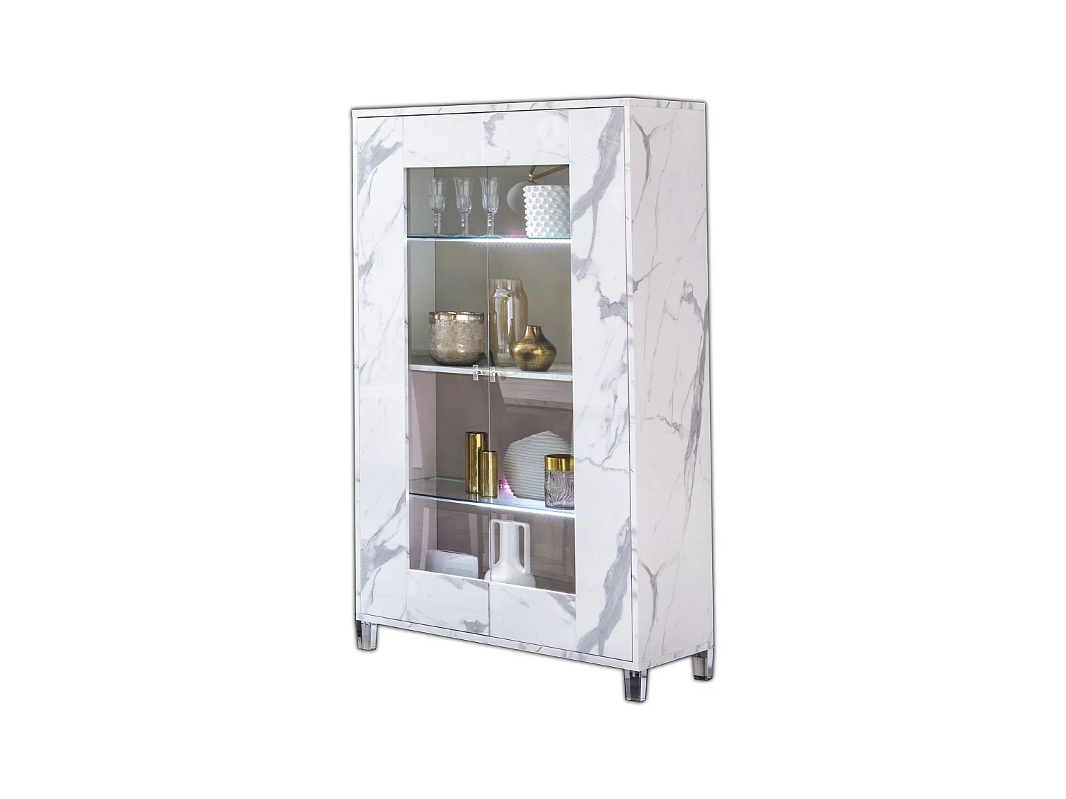 Vitrine 2 portes à Led bois blanc effet marbre vernis et verre trempé Botela 100cm