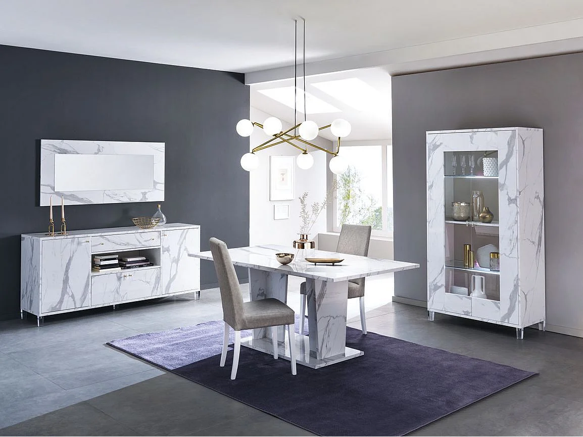 Vitrine 2 portes à Led bois blanc effet marbre vernis et verre trempé Botela 100cm