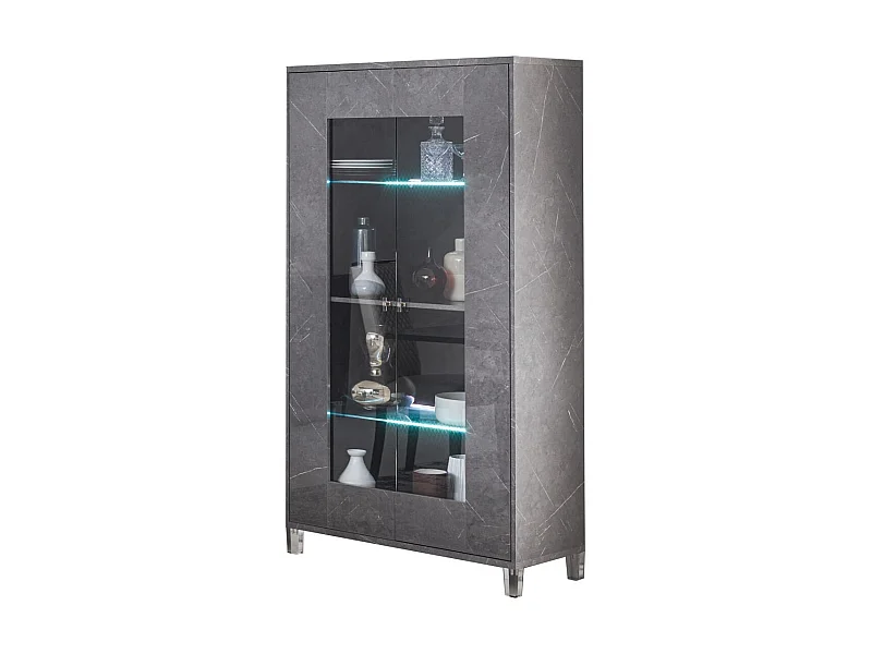 2-deurs Led-vitrine in grijs hout met gelakt marmereffect en gehard glas Botela 100 cm