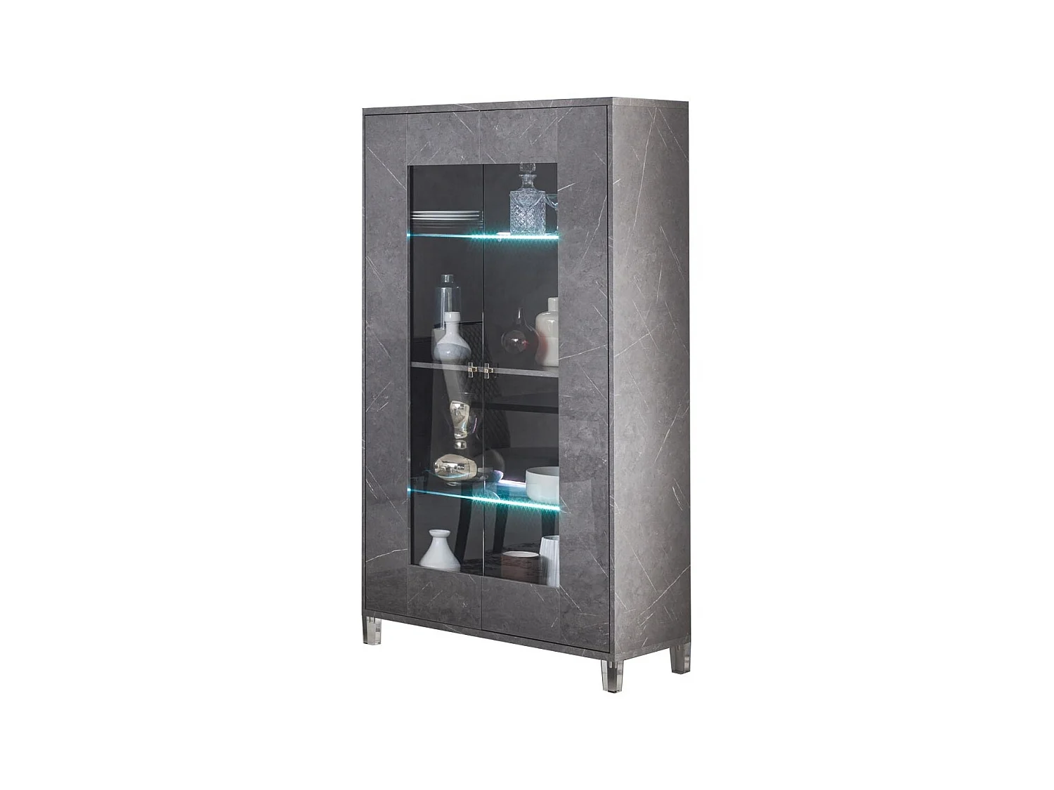 Vitrine 2 portes à Led bois gris effet marbre vernis et verre trempé Botela 100cm