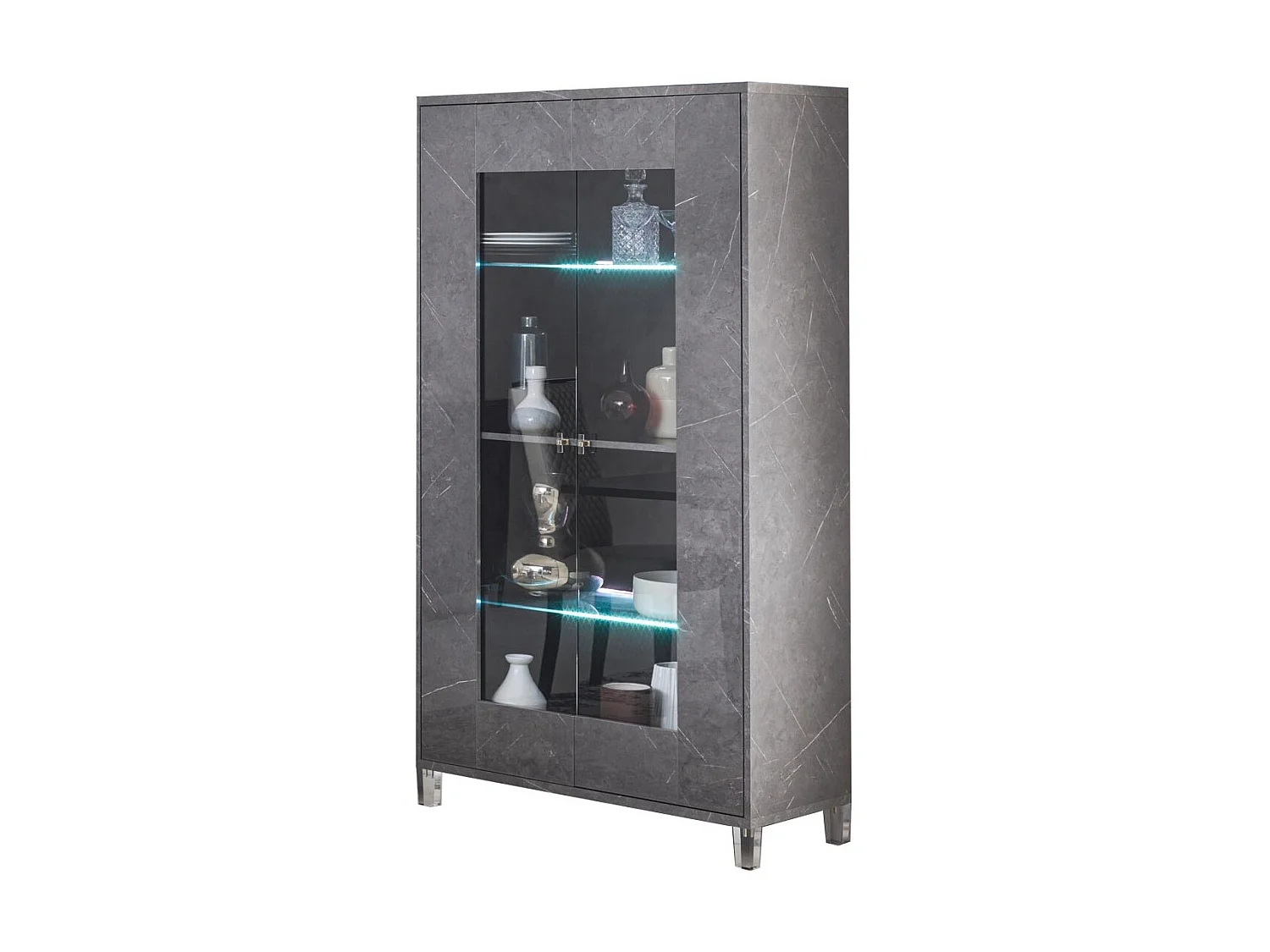 Vitrine 2 portes à Led bois gris effet marbre vernis et verre trempé Botela 100cm