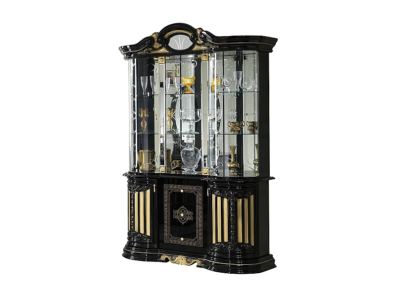 Vitrine 6 portes 3 tiroirs bois laqué noir et doré Lesly 139cm
