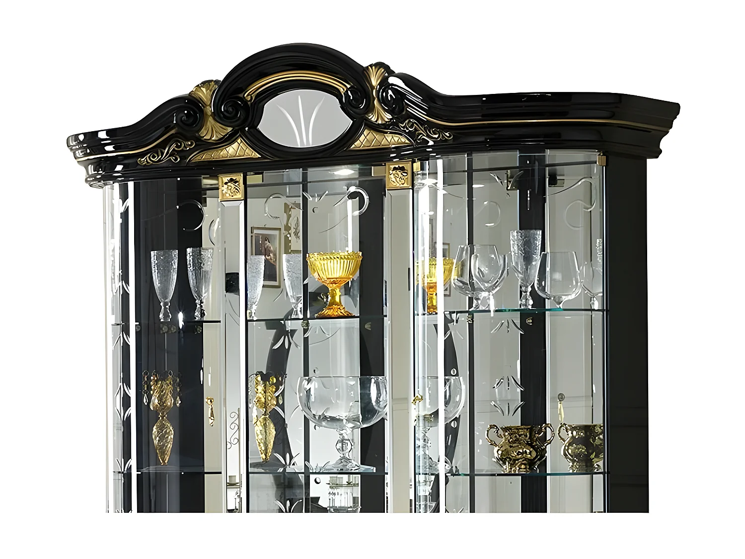 Vitrine 6 portes 3 tiroirs bois laqué noir et doré Lesly 139cm