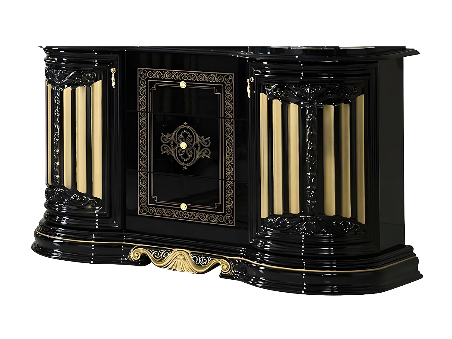 Vitrine 6 portes 3 tiroirs bois laqué noir et doré Lesly 139cm