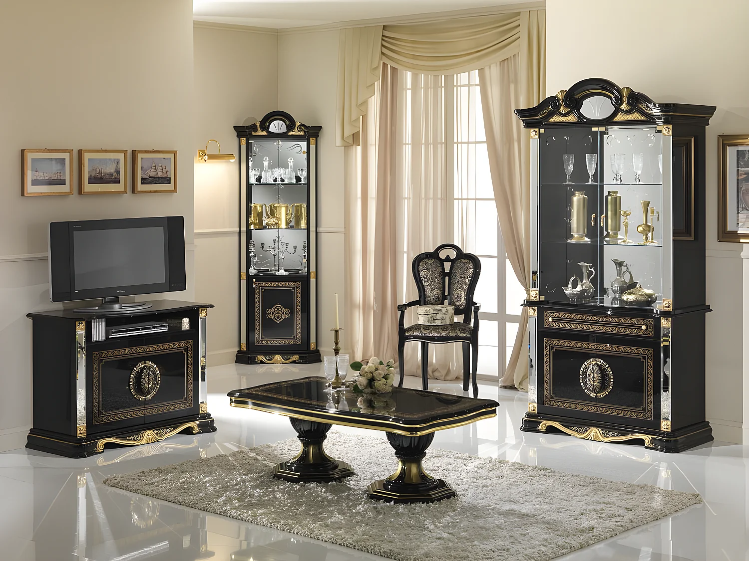 Vitrine 6 portes 3 tiroirs bois laqué noir et doré Lesly 139cm