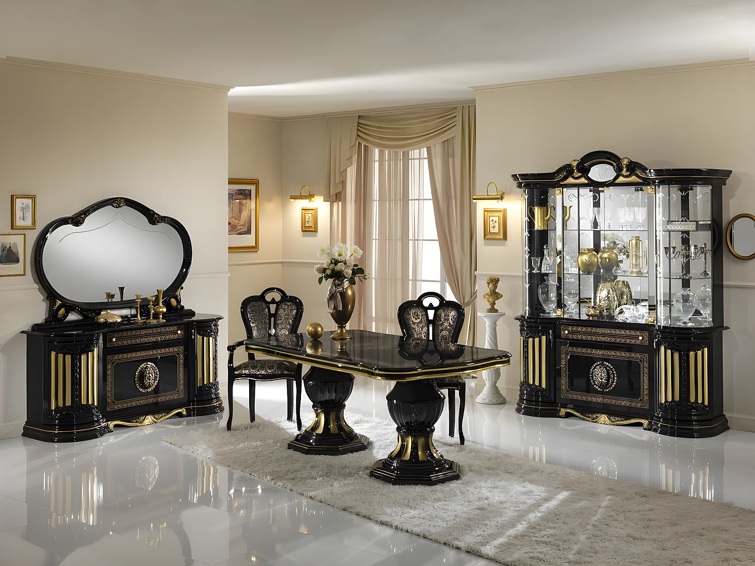 Vitrine 6 portes 3 tiroirs bois laqué noir et doré Lesly 139cm