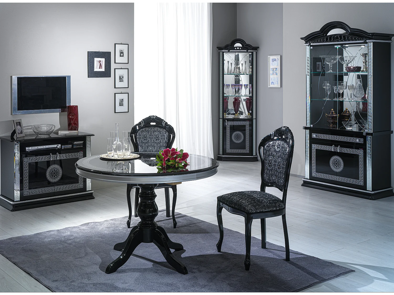 Vitrine d'angle bois vernis laqué brillant noir et gris Venus 64cm