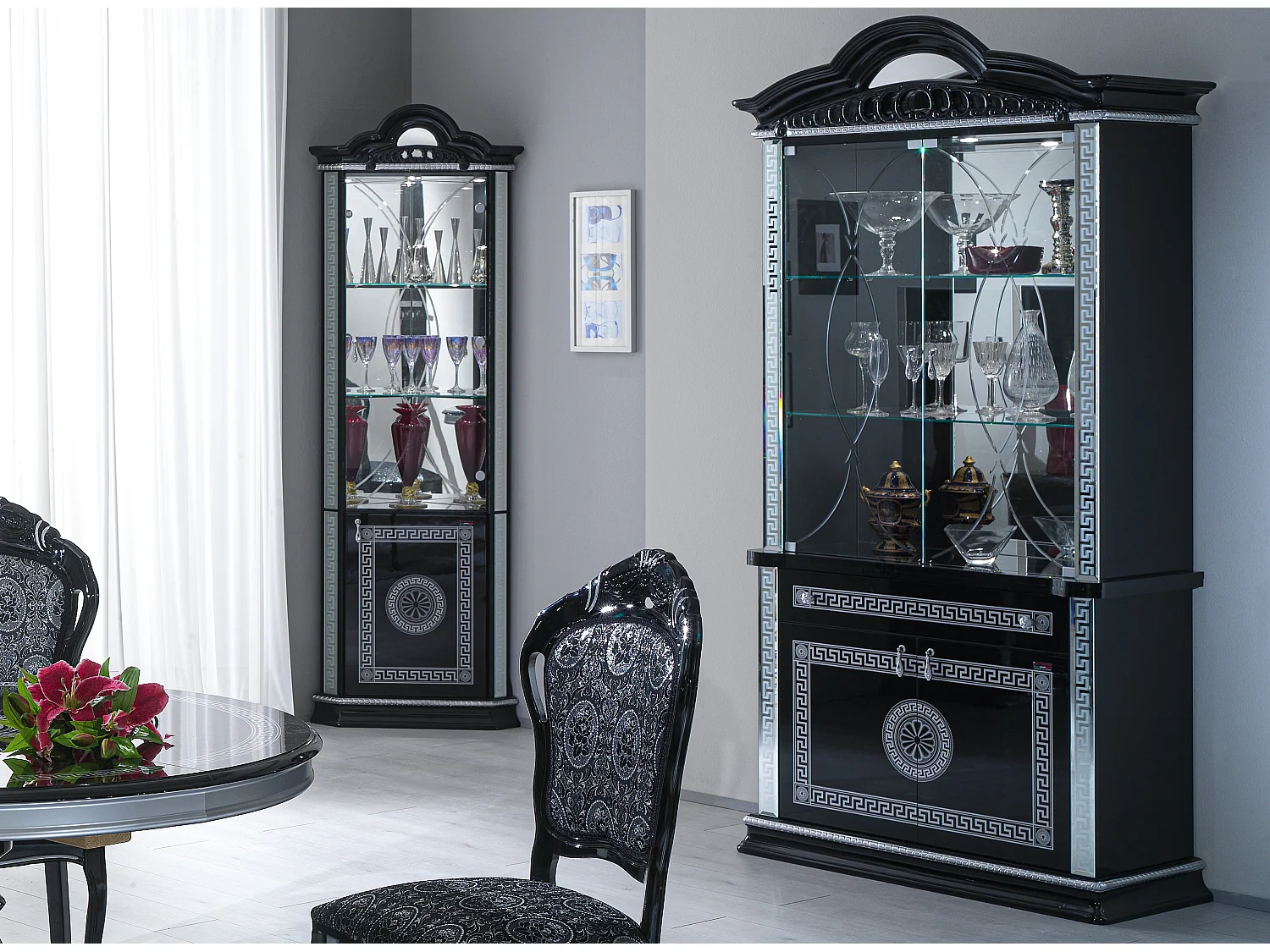 Vitrine d'angle bois vernis laqué brillant noir et gris Venus 64cm