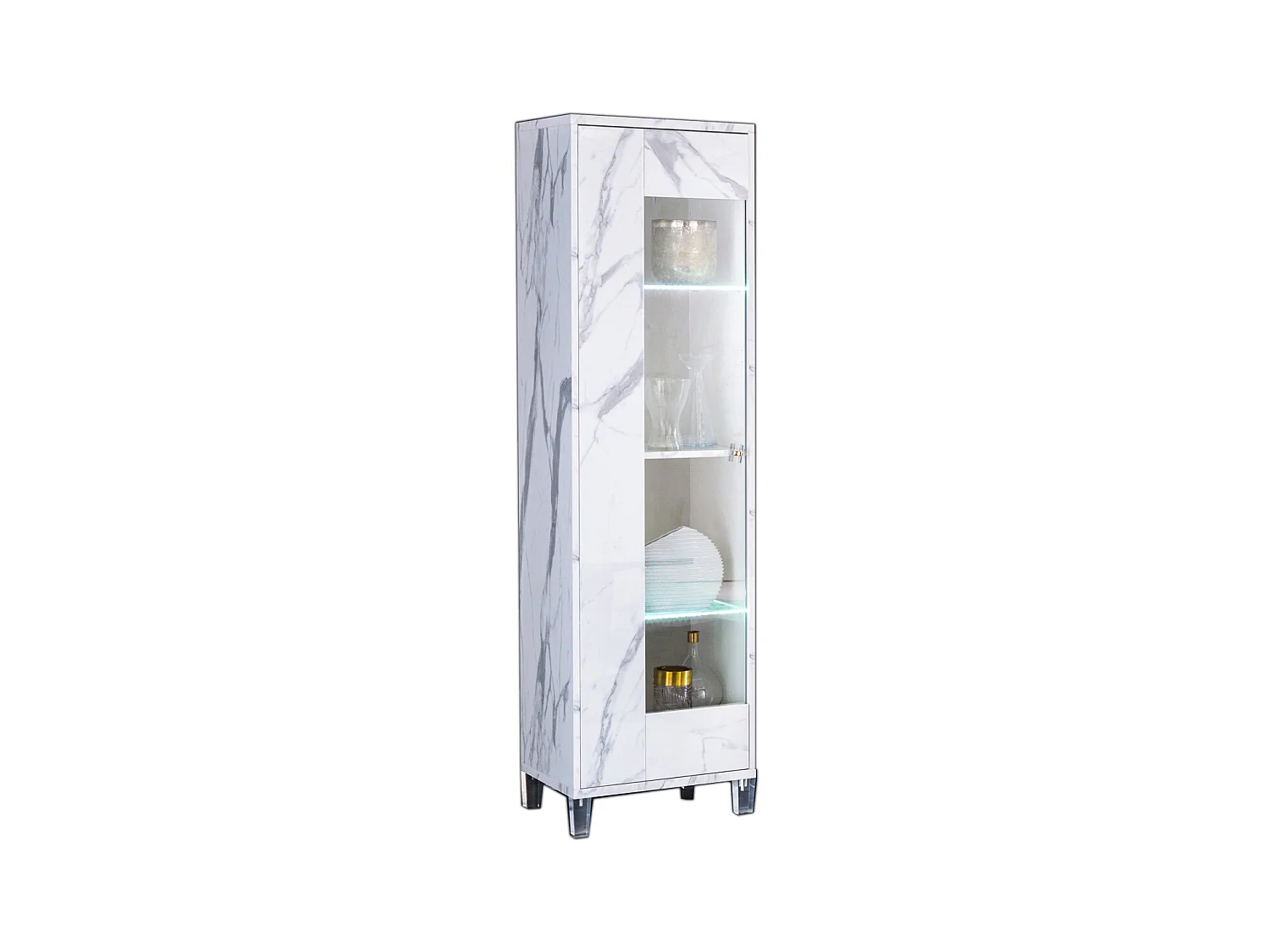 Vitrine 1 porte à Led bois blanc effet marbre vernis et verre trempé Botela 52cm