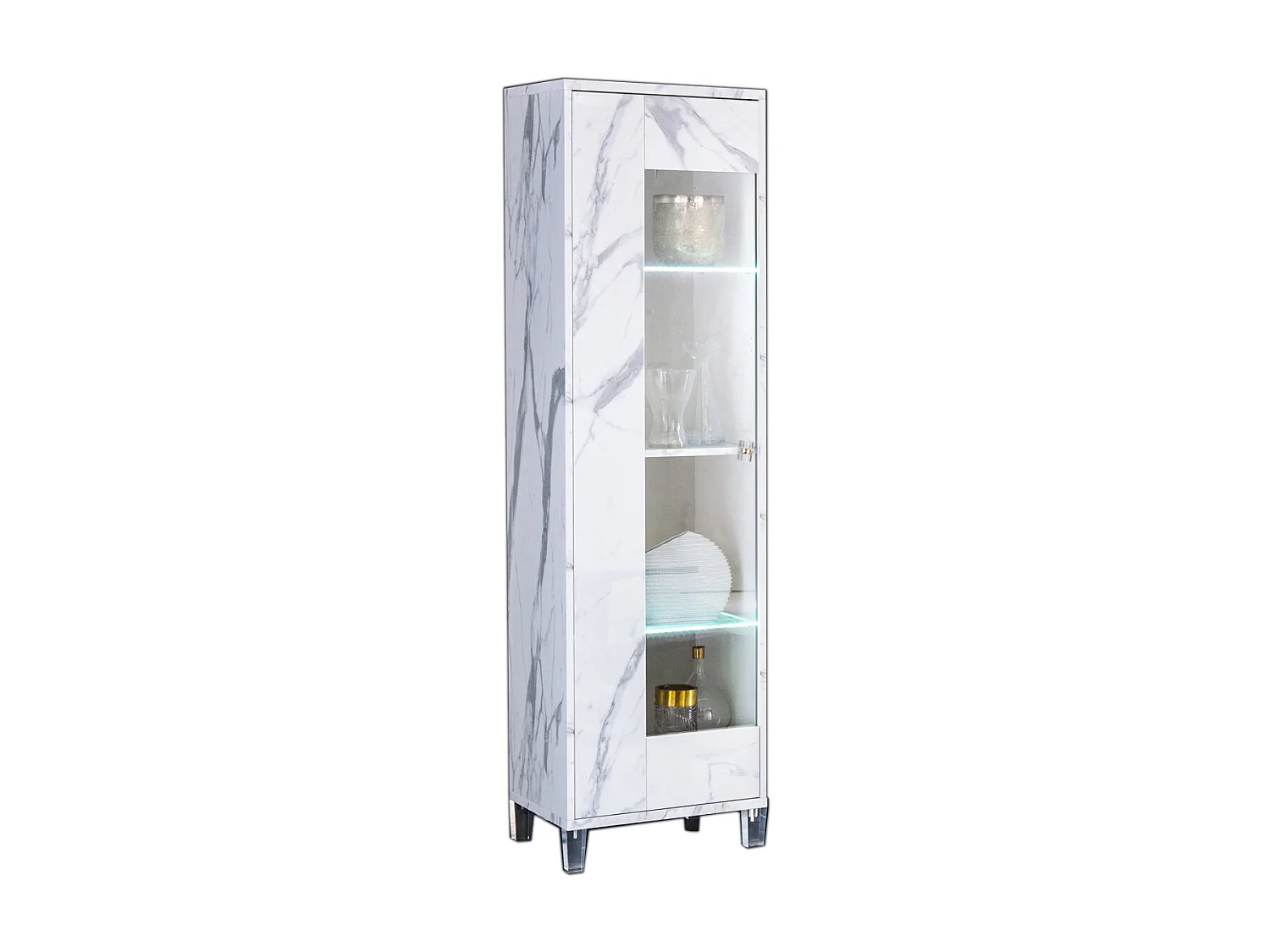 Vitrine 1 porte à Led bois blanc effet marbre vernis et verre trempé Botela 52cm