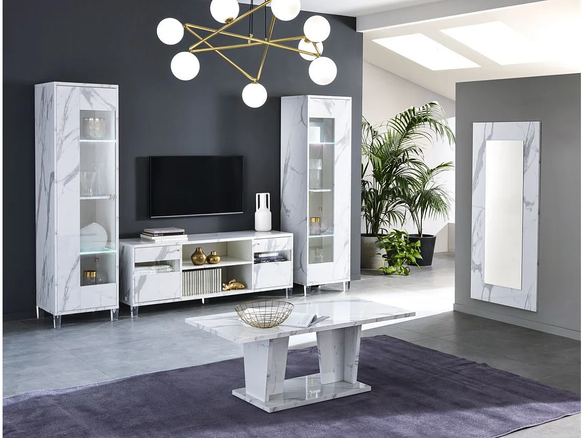 Vitrine 1 porte à Led bois blanc effet marbre vernis et verre trempé Botela 52cm