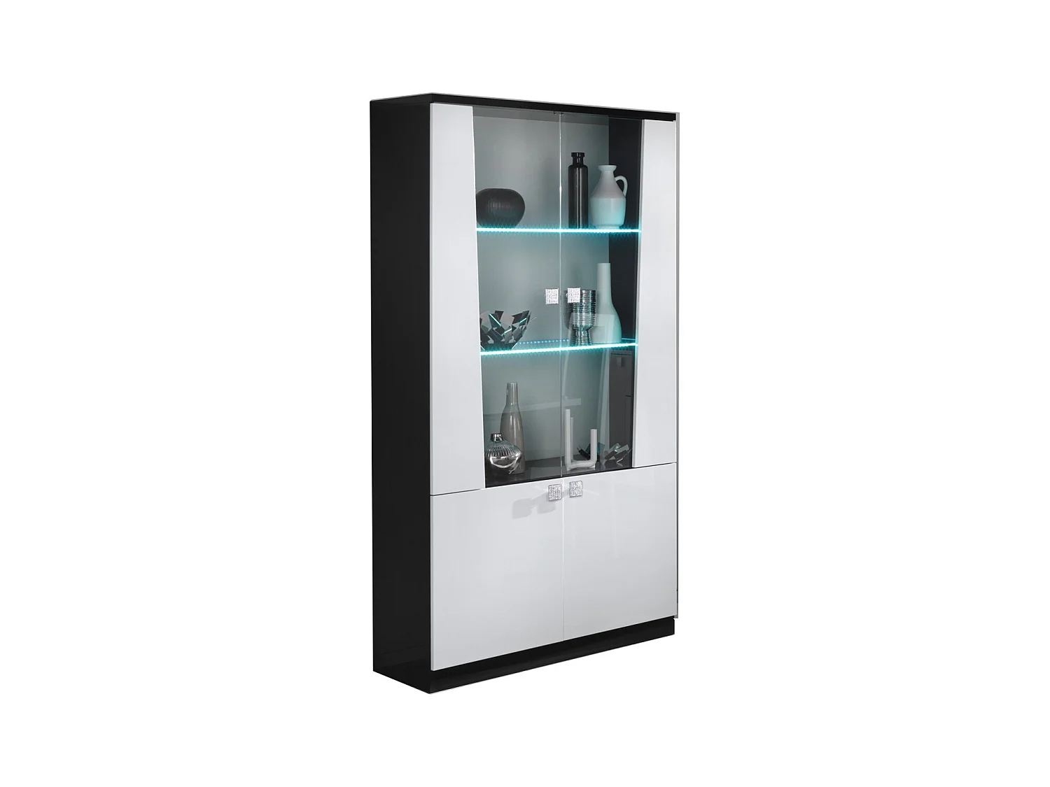 Vitrine 4 portes bois blanc et noir vernis laqué brillant Bilia 104cm