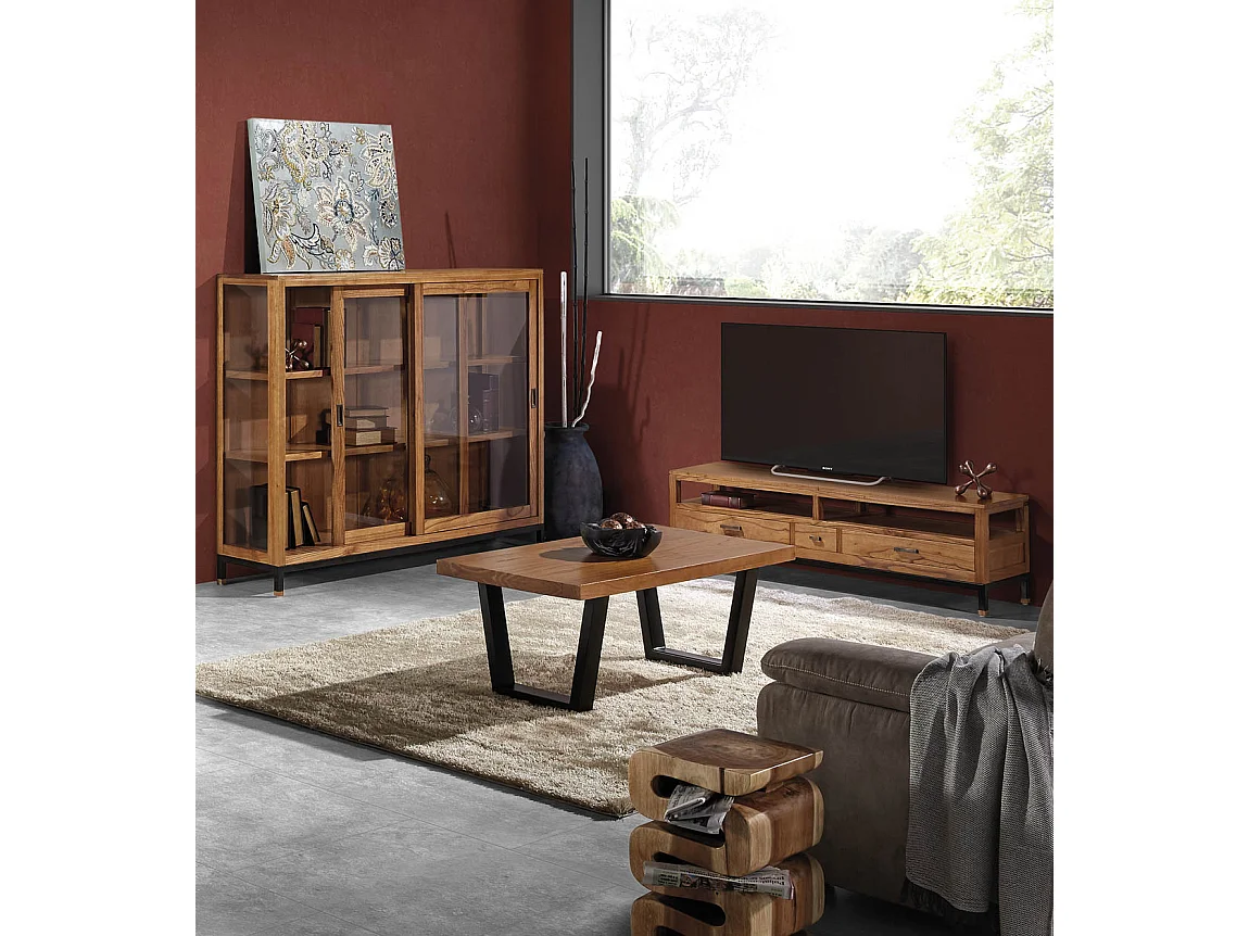 Vitrine en bois clair massif de Mindy 2 portes coulissantes Zandhu 180cm