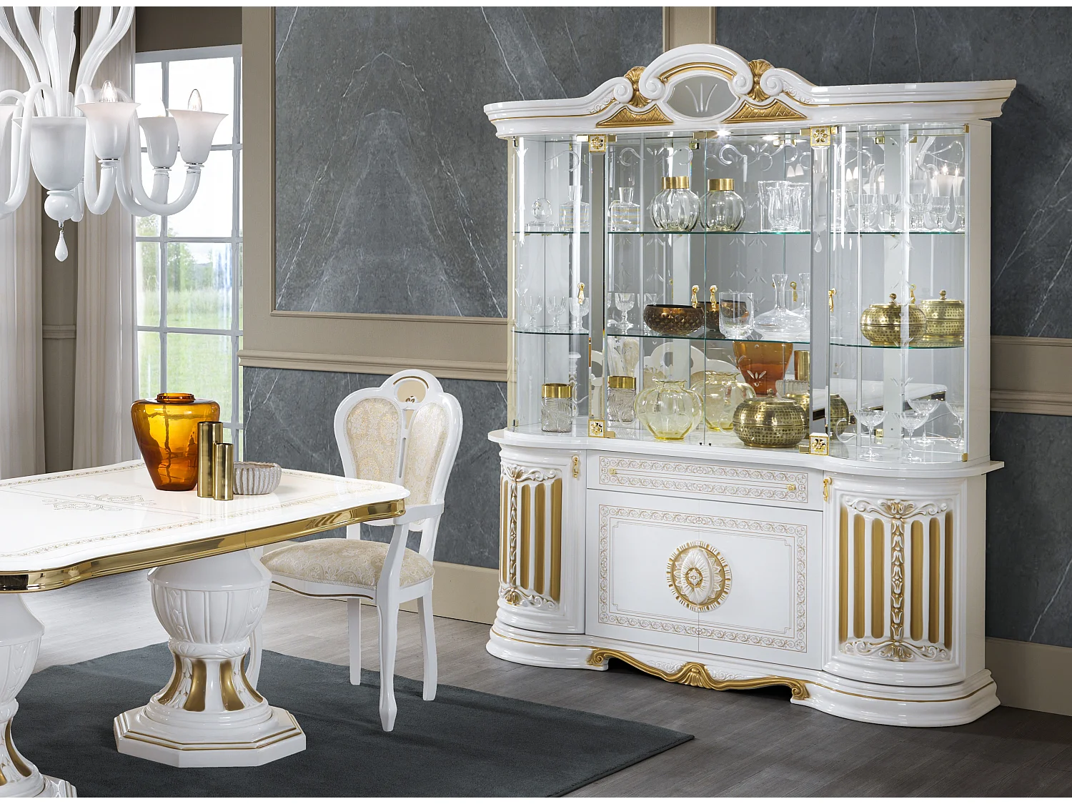 Vitrine 8 portes 1 tiroir bois vernis laqué brillant blanc et doré Lesly 173cm