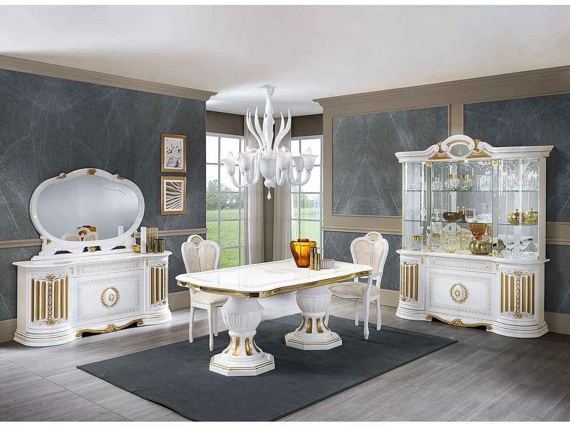 Vitrine 8 portes 1 tiroir bois vernis laqué brillant blanc et doré Lesly 173cm