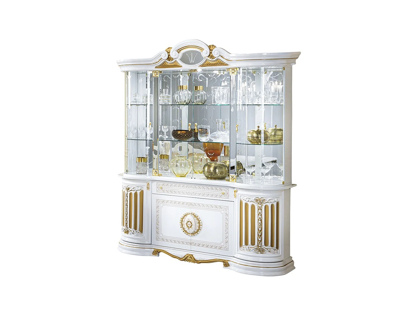Vitrine 8 portes 1 tiroir bois vernis laqué brillant blanc et doré Lesly 173cm