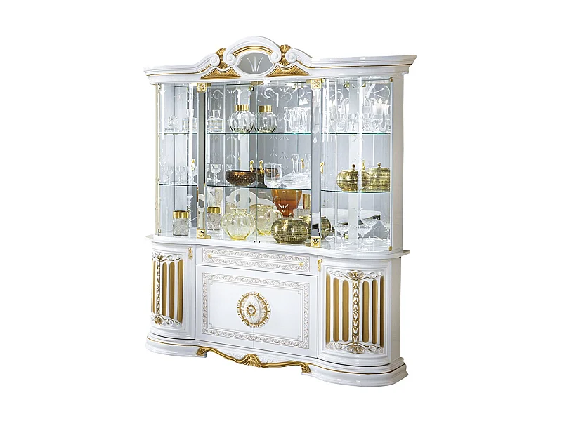 Vitrine 8 portes 1 tiroir bois vernis laqué brillant blanc et doré Lesly 173cm