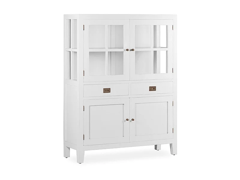 Vitrine 4 portes 2 tiroirs bois massif de mindi blanc Kourame 110cm