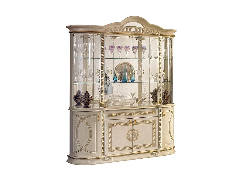 Vitrine 8 portes 1 tiroir bois vernis laqué brillant beige et doré Venus 163cm