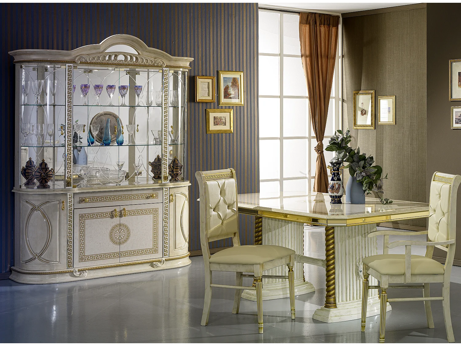 Vitrine 8 portes 1 tiroir bois vernis laqué brillant beige et doré Venus 163cm