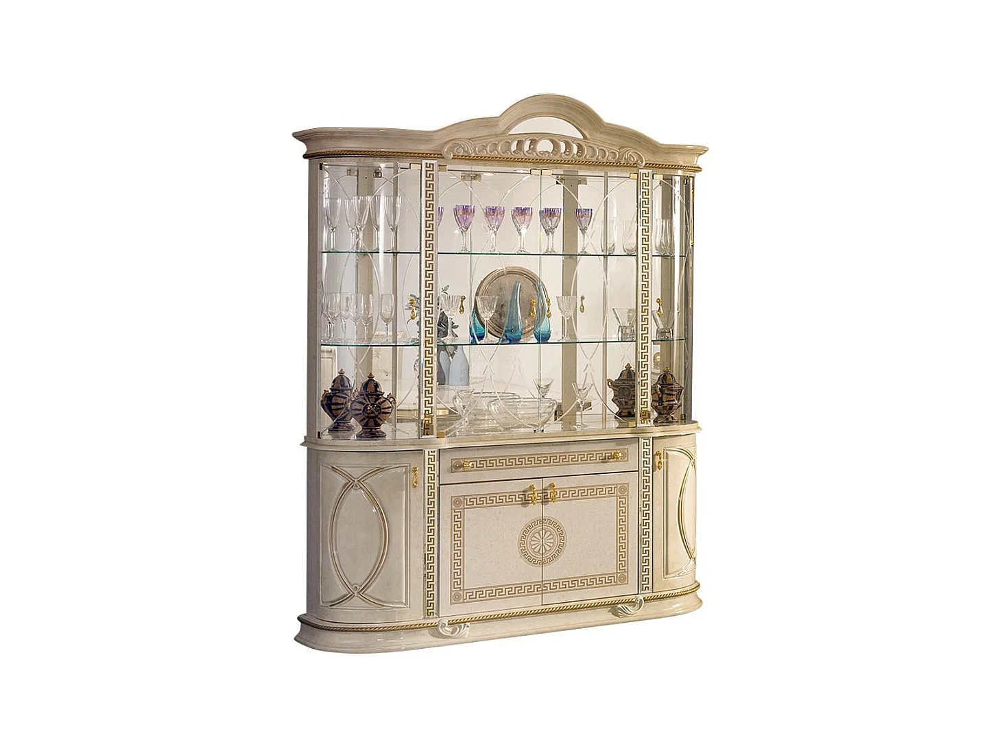 Vitrine 8 portes 1 tiroir bois vernis laqué brillant beige et doré Venus 163cm