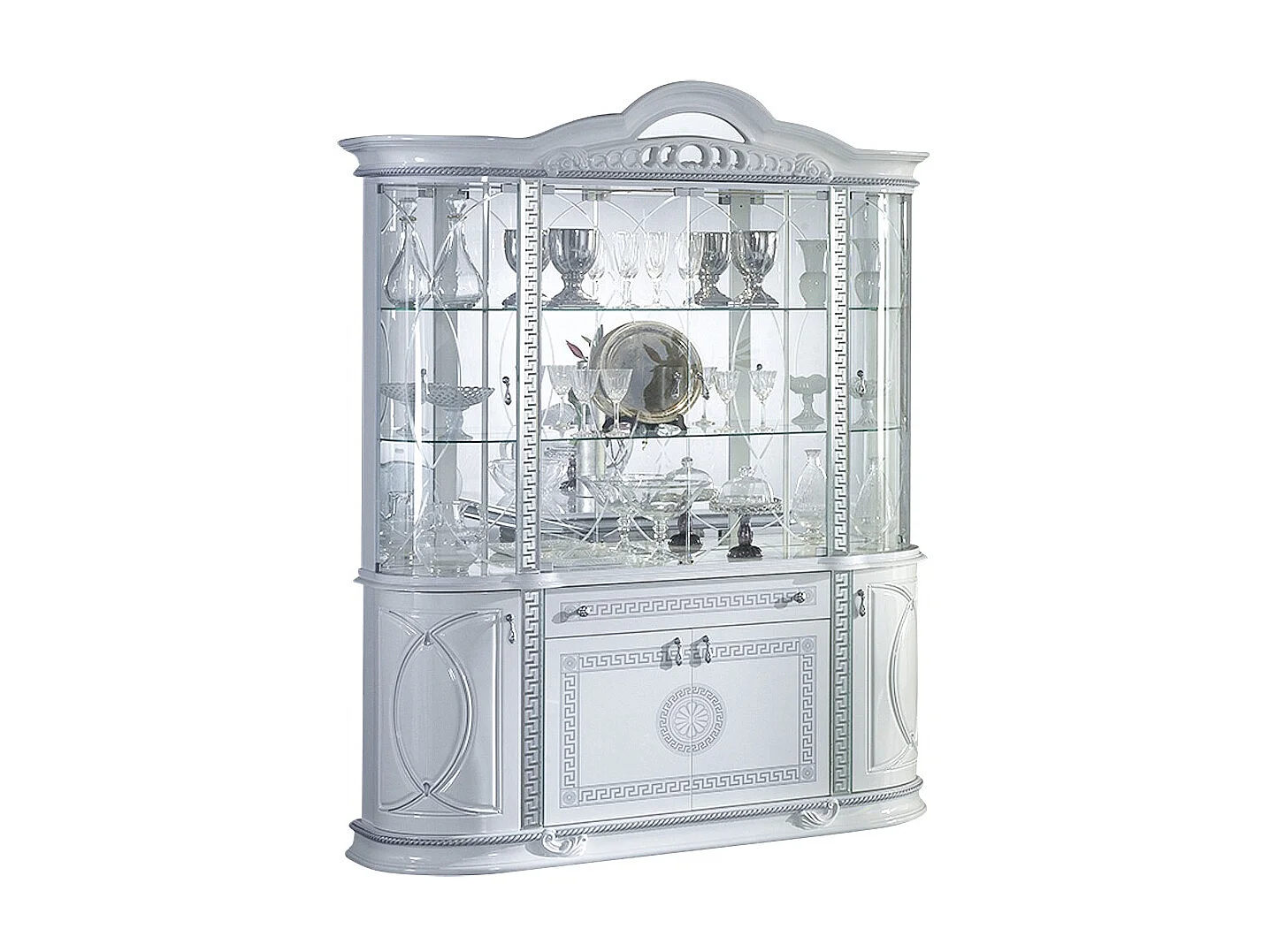 Vitrine 8 portes 1 tiroir bois vernis laqué brillant blanc et gris Venus 163cm