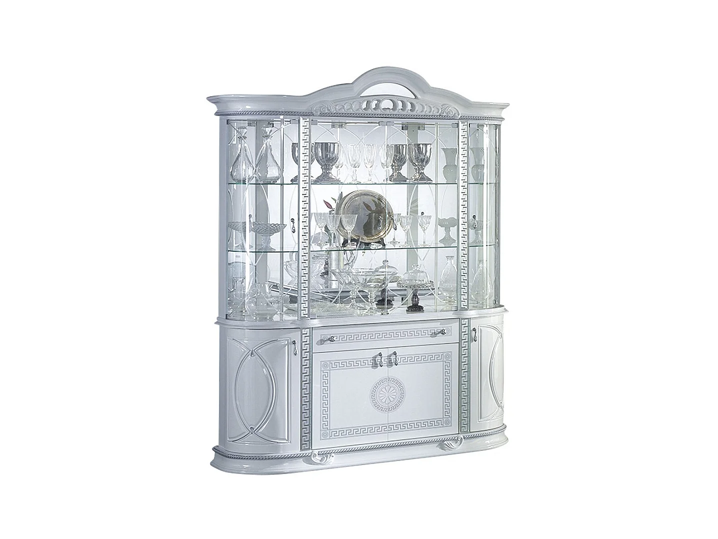 Vitrine 8 portes 1 tiroir bois vernis laqué brillant blanc et gris Venus 163cm
