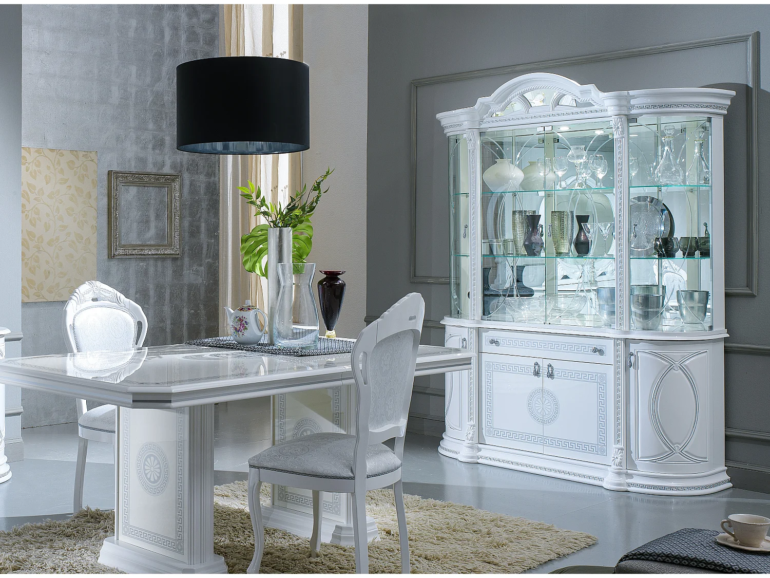 Vitrine 8 deuren 1 lade glanzend gelakt hout in wit en grijs Venus 163 cm