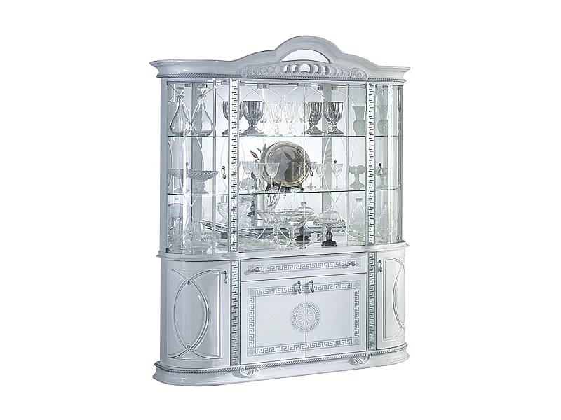 Vitrine 8 portes 1 tiroir bois vernis laqué brillant blanc et gris Venus 163cm